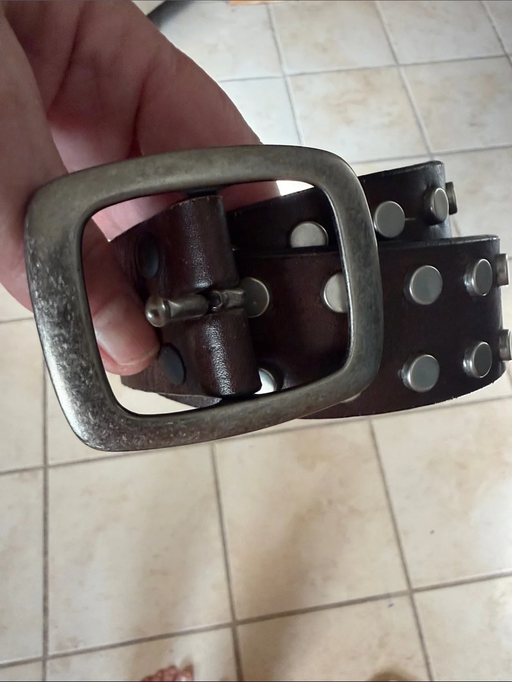 Brown Studded Leather Belt with Brass Buckle